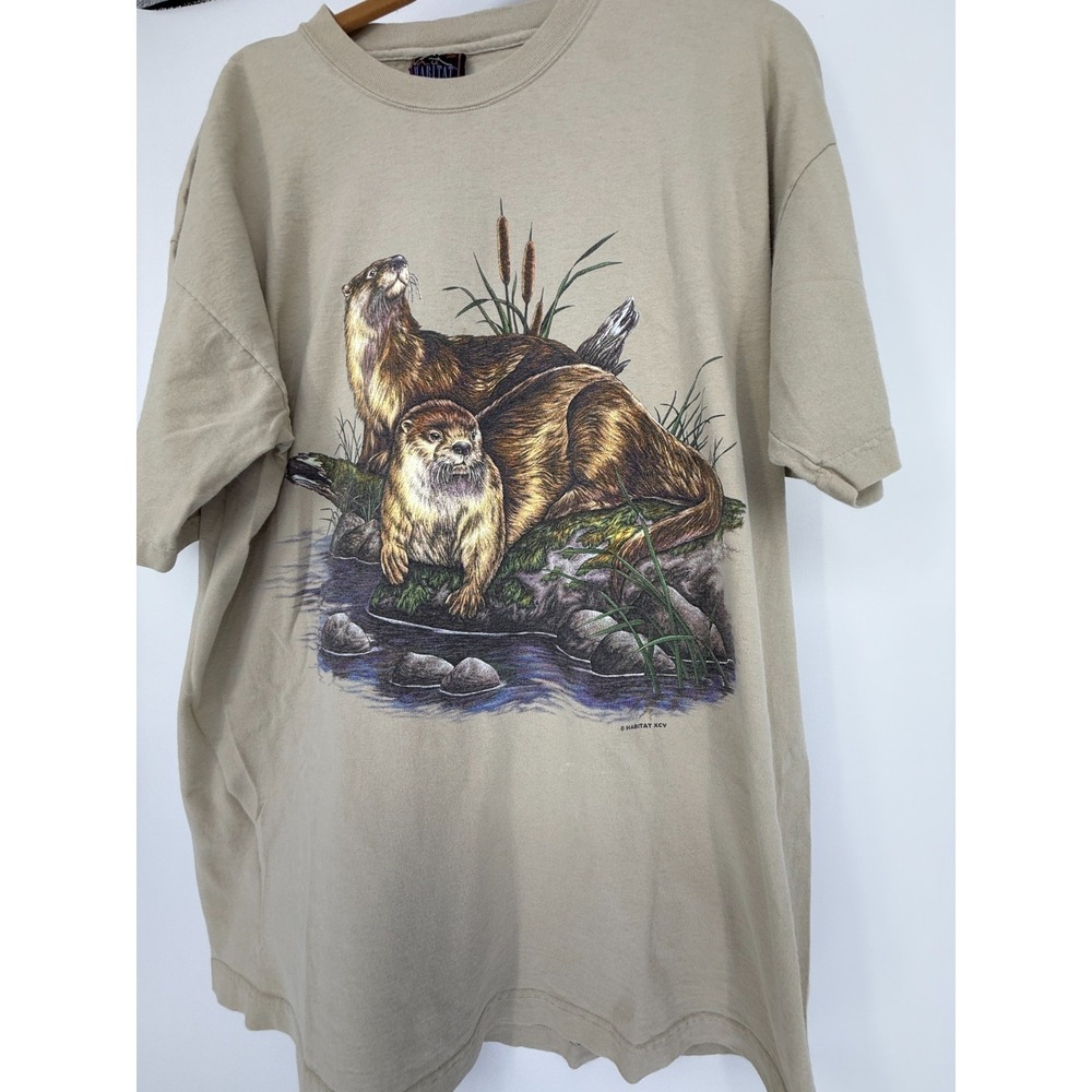 VTG Habitat Otter Graphic Tee XL Naturecore Cabincore Wildlife Shirt Beige